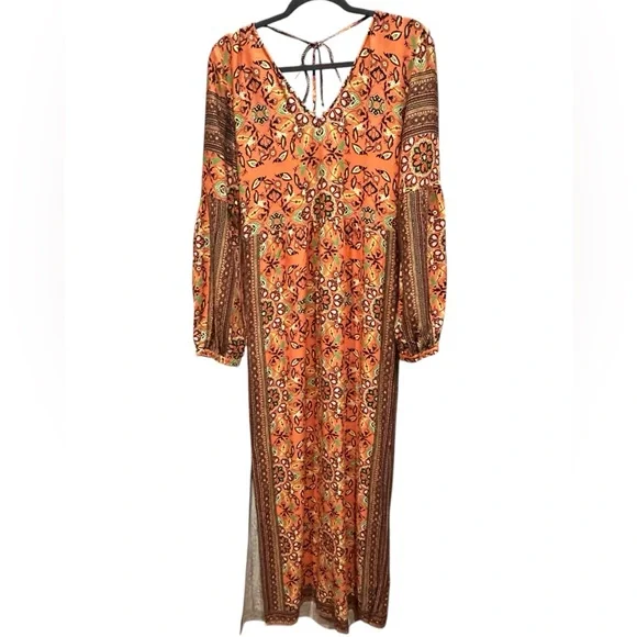 Farm Rio Anthropologie Clarabella Orange Floral Long Sleeve Maxi Dress M - Picture 7 of 12